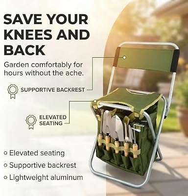 10-piece Gardening Tool Set with Zippered Detachable Tote and Folding Stool Seat with Backrest — view 3