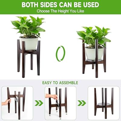Adjustable Plant Stand with Tray,Indoor Wood Plant Stand Fit 8'' to 12'' Planter,Mid Century Modern Flower Po… — view 3