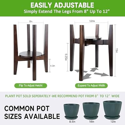 Adjustable Plant Stand with Tray,Indoor Wood Plant Stand Fit 8'' to 12'' Planter,Mid Century Modern Flower Po… — view 4