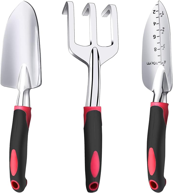 Garden Tool Set, 3 Pieces Aluminum Heavy Gardening Kit Including Hand Shovel, Transplant Shovel and Hand Rake…