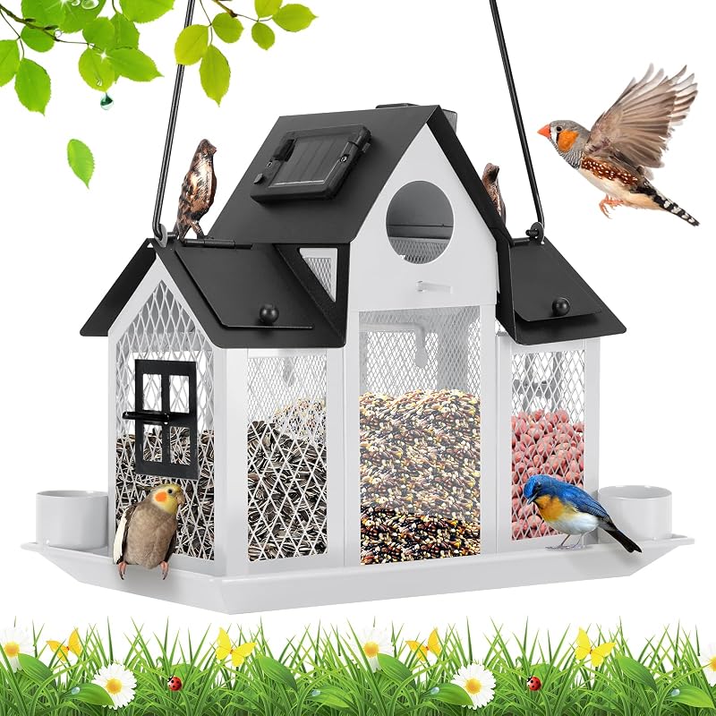 Solar Bird Feeders House Outside Hanging Metal Wild Bird Feeder Outdoors Large Cardinal Bird Feeder Birdhouse…