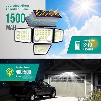 LYWALT Solar Outdoor Lights - 3000LM 188 LED Motion Sensor Outdoor Lights, 4 Heads Security Light,IP65 Waterp… — view 3