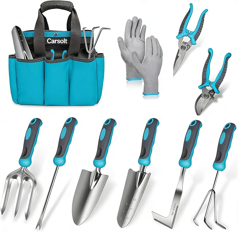 Gardening Tools, Carsolt 10 Piece Heavy Duty Stainless Steel Garden Tools Set with Ergonomic Rubber Handle. V…