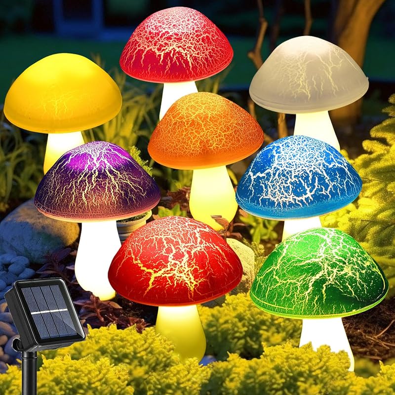 Solar Garden Decor Lights 8 Crack Mushrooms Outdoor Decor Stake Lights, Waterproof Solar Pathway Light Garden…