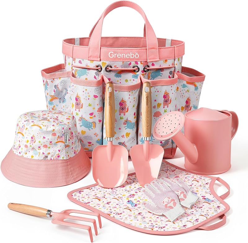 Grenebo 8-Piece Kids Gardening Set with Garden Tools for Kids, Pink