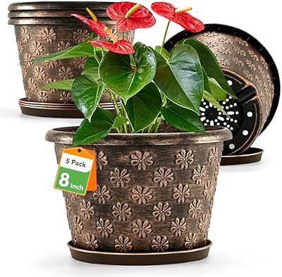 8 Inch Planter Pots for Plants, Plastic Flower Pots Indoor Outdoor, 5 Pack Resin Plant Pot with Drainage & Sa… — view 2