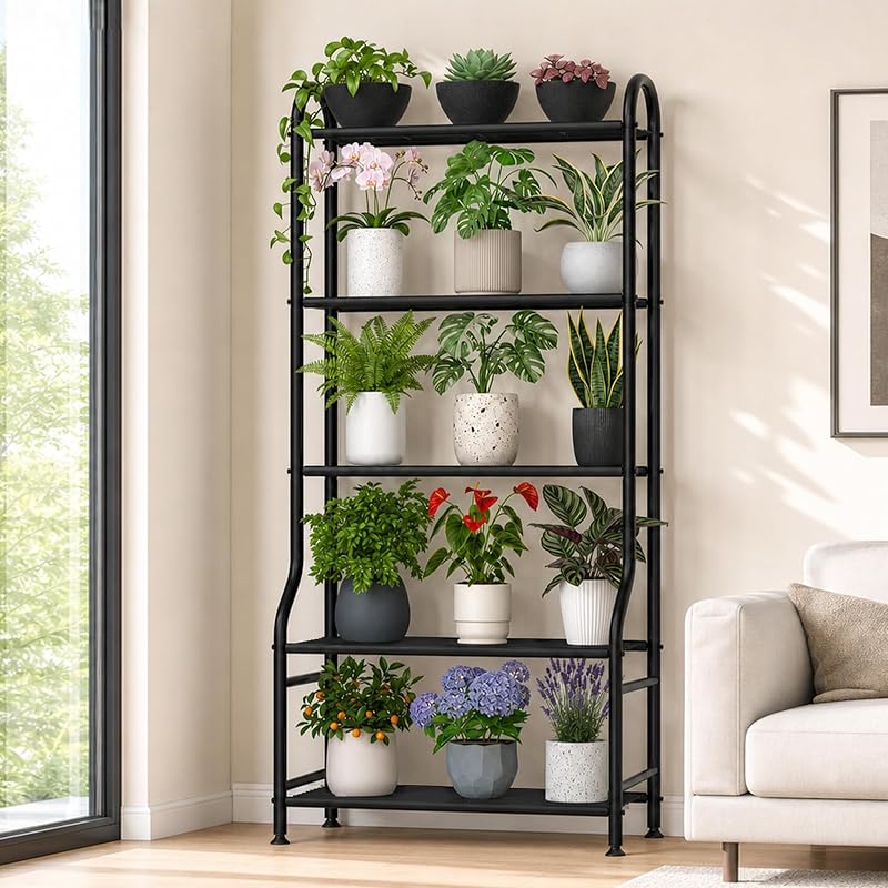 5-Tier Metal Plant Stand - Heavy Duty Indoor Outdoor Flower Shelf for Multiple Pots, 65" Tall Vertical Holder…