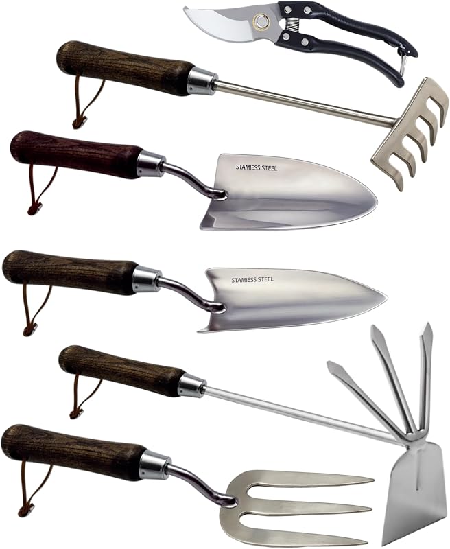 Garden Tool Set, 6PCS Heavy Duty Stainless Steel Gardening Hand Tools with Ropes, Includes Hand Cultivator Sh…