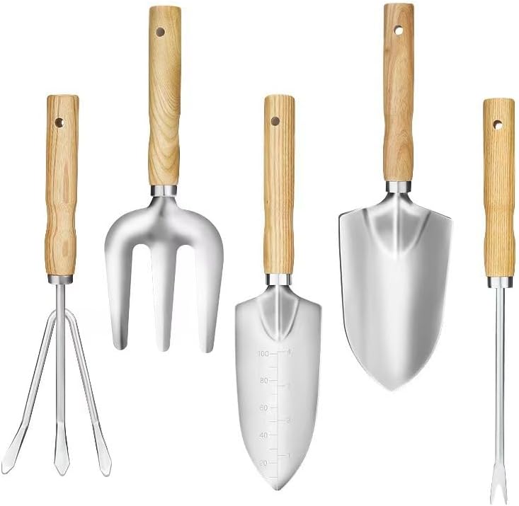 Garden Tool Set, 5 Piece Stainless Steel Gardening Tools with Wooden Handles Hand Tools with Transplanting Ha…