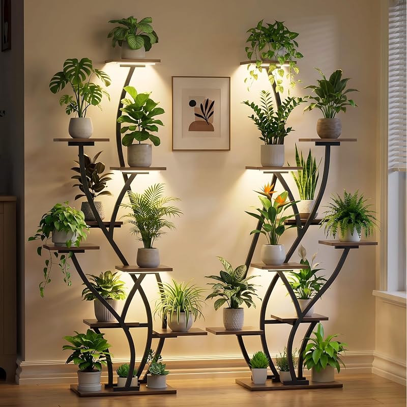 Plant Stand Indoor with Grow Light - 2 Pack Lighted Large Plant Shelf Tall