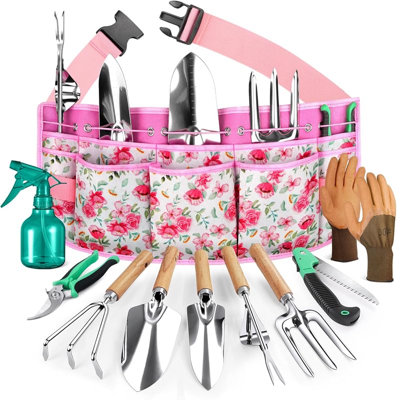 Grenebo Gardening Tools 10-Piece Garden Tool Set, Rust Resistant, Pink