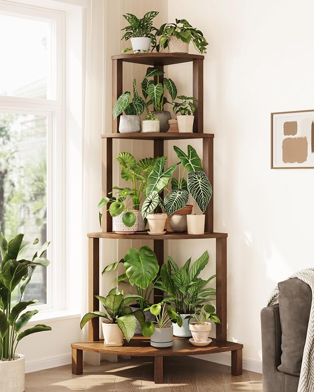 Bamworld Corner Plant Shelf 4-Tier Plant Stand Indoor Wood Plant Rack