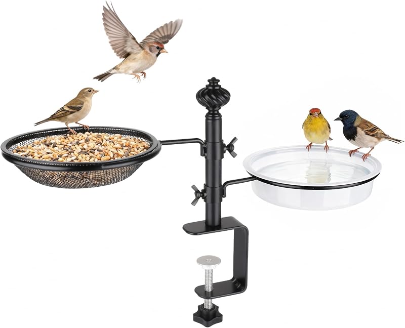 BOLITE Balcony Bird Feeder for Deck Railing, Mounted with Mesh & Bath Trays