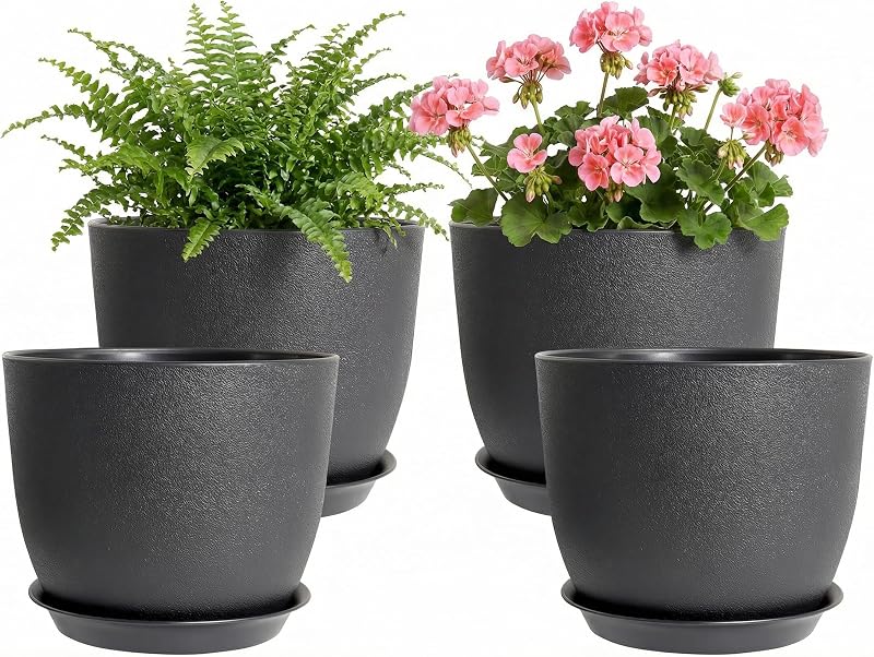 8 Inch Plant Pots Set of 4, Plastic Planters with Drainage Holes and Tray, Flower Pots for Indoor Outdoor Pla…