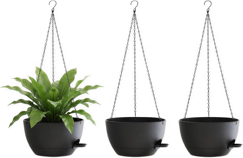 Hanging Planters, 3-Pack 10 Inch Self-Watering Pots with Drainage Holes and Chains, Matte Plastic Planters fo…