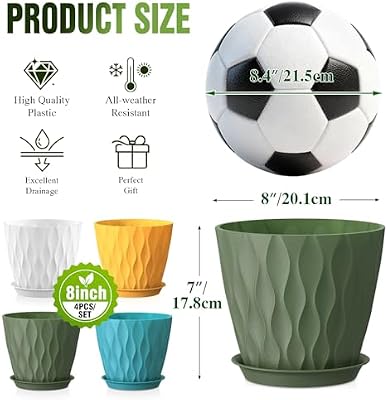 8 Inch Plant Pots 4 Pack Plastic Planters with Drainage & Saucers — view 4