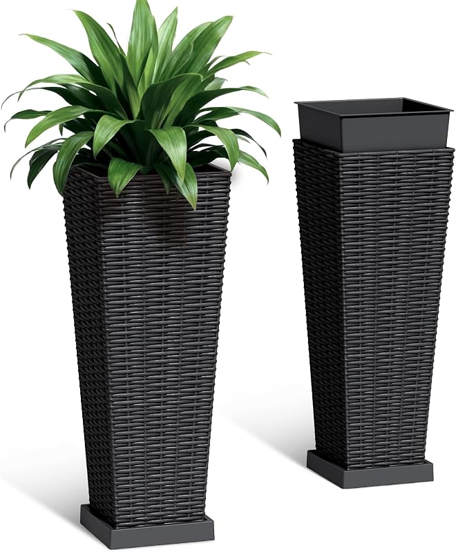 Greesum Set of 2 Tall Plastic Planters with Saucer, 23 Inch, Black