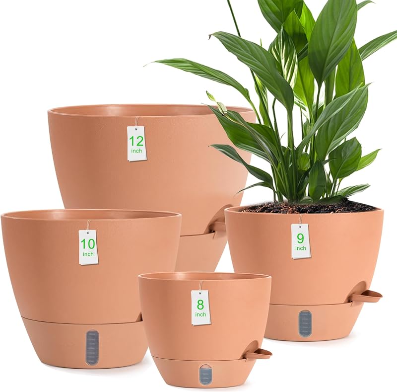 4 Pack Plant Pots,12/10/9/8/ Inch Self Watering Pots for Indoor/Outdoor Plants Deep Reservoir,Nursery Plantin…