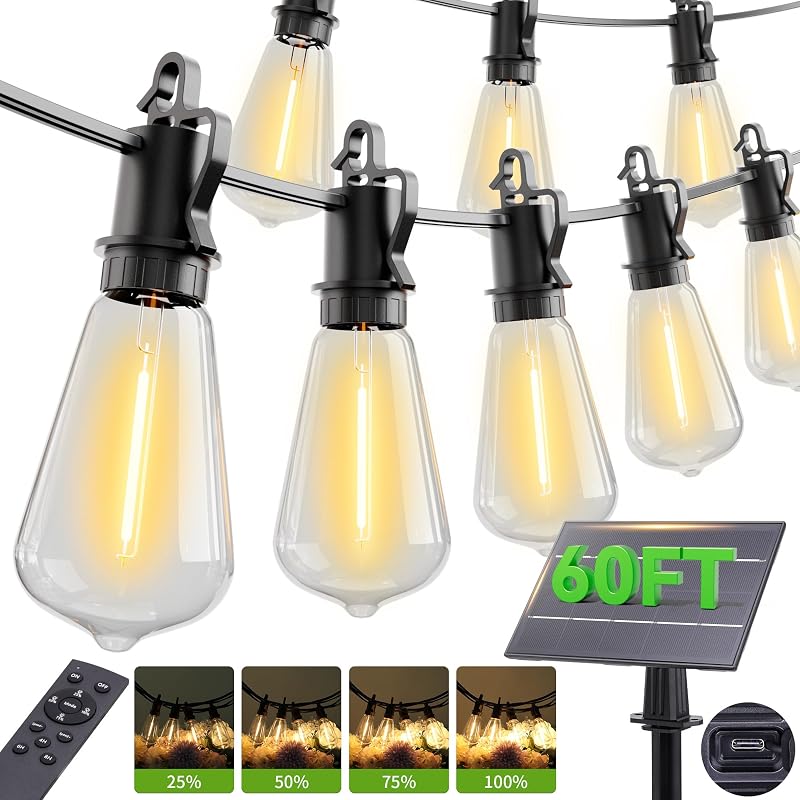 60FT Solar String Lights Outdoor Waterproof with Remote,Shatterproof ST38 20 LED Bulbs,2700K Dimmable Solar L…