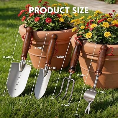 Garden Tools, 4 Pack Garden Shovel with Wooden Handles Hand Tools with Transplanting Hand Shovel, Rake and Ro… — view 4