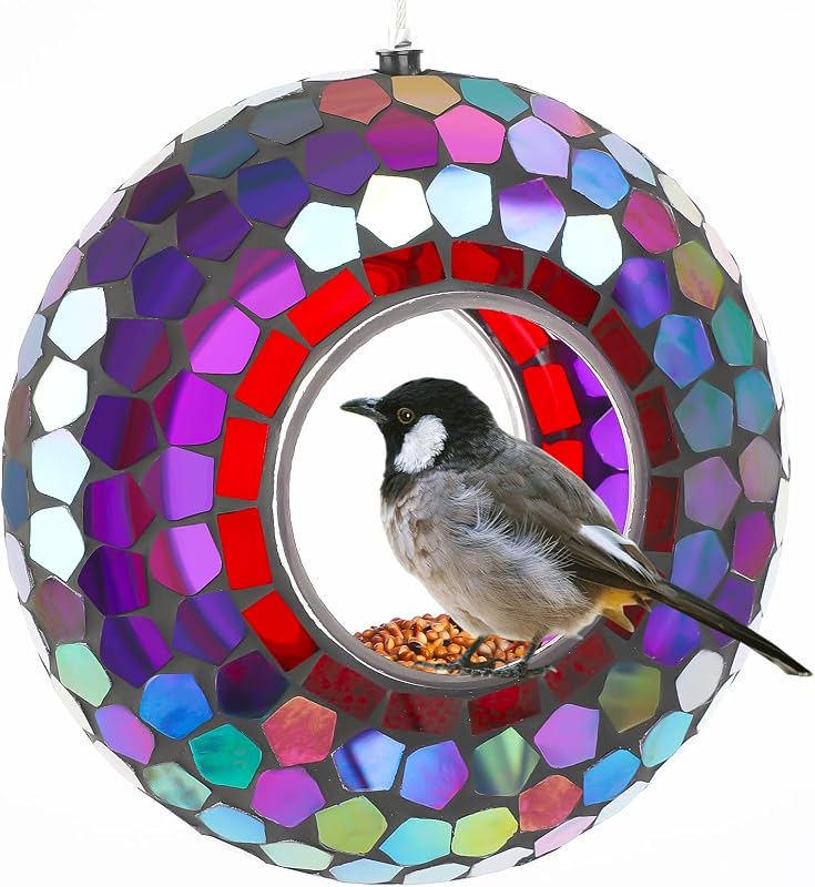 6 Inch Mosaic Glass Fly Through Bird Feeder for Outdoors, Purple