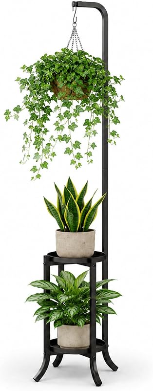 Bamworld 2 Tier Hanging Plant Stand Tall Modern Planter Holder Blk