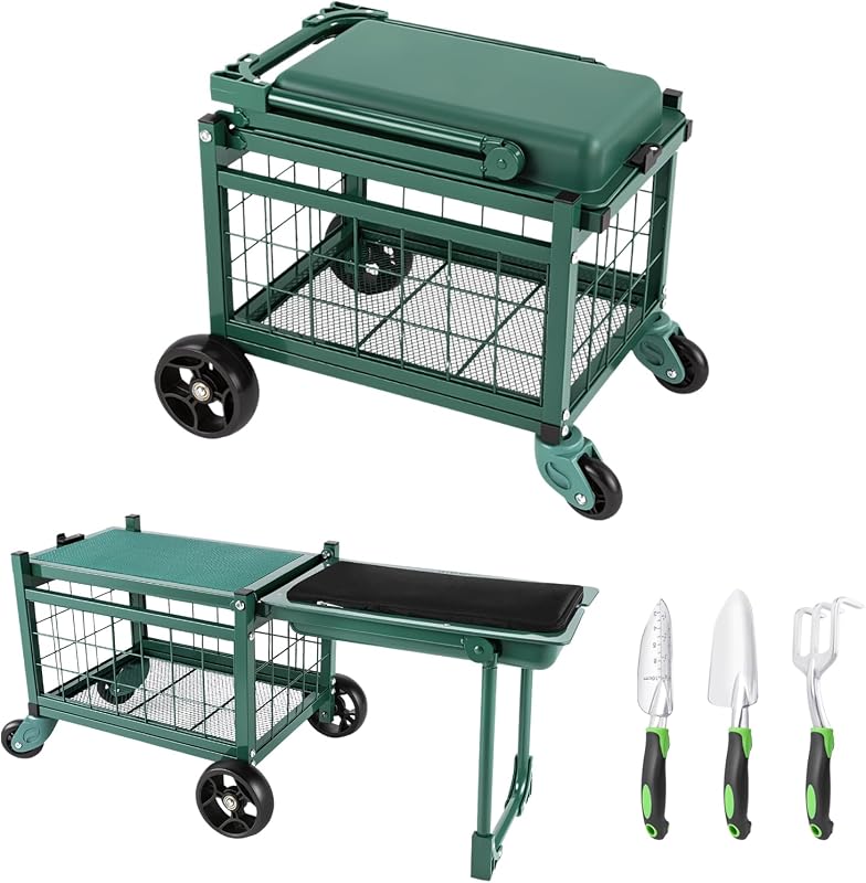 Rolling Garden Cart with Tool Bag and 3-Piece Garden Tools Set, Garden Work Seat and Heavy-Duty Wagons with 3…
