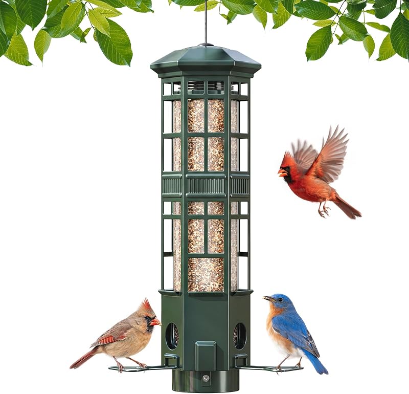 Squirrel Proof Bird Feeder, Chew-Resistant Metal Hanging Bird Feeder for Outdoors Gravity Spring Mechanism, 3…