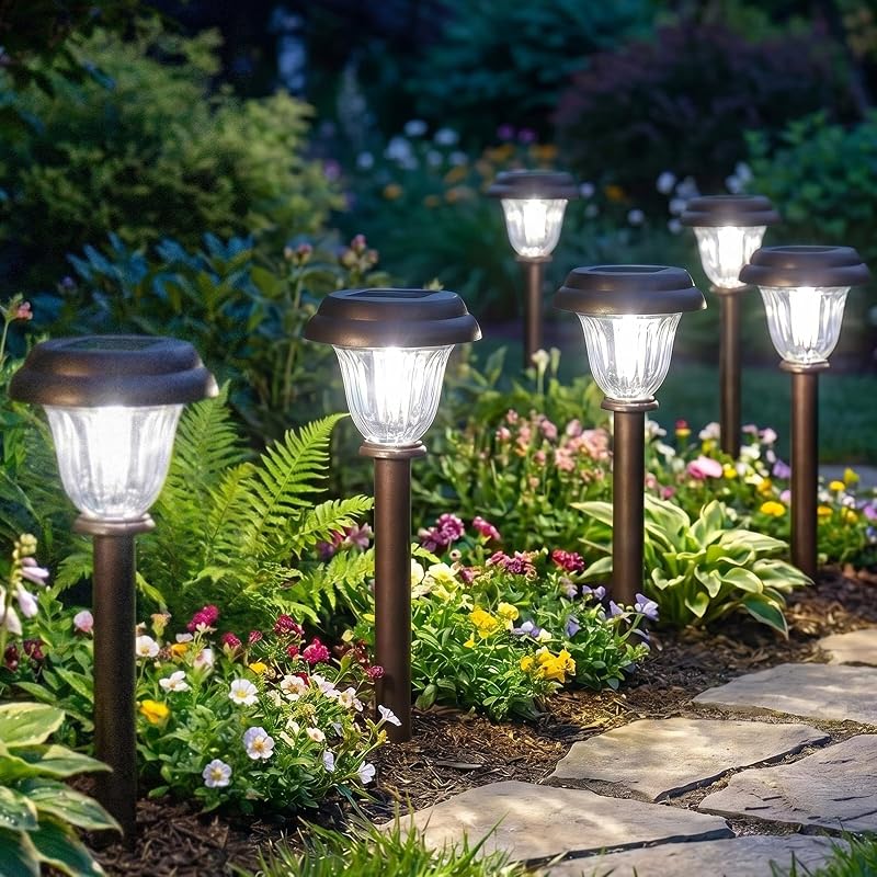DERAYSION 8 Pack Solar Lights Outdoor Pathway, Stainless Steel Glass Solar Garden Lights, Auto On/Off Long-La…