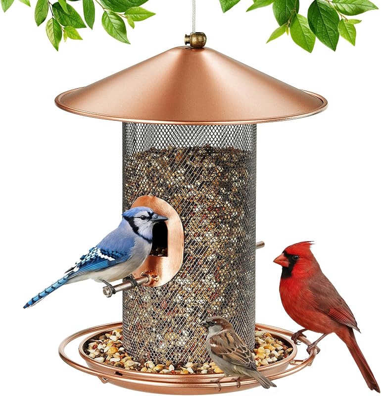 Hanging Bird Feeder Outdoor Metal Mesh Tube 360° Feeding 2 Extra Perches